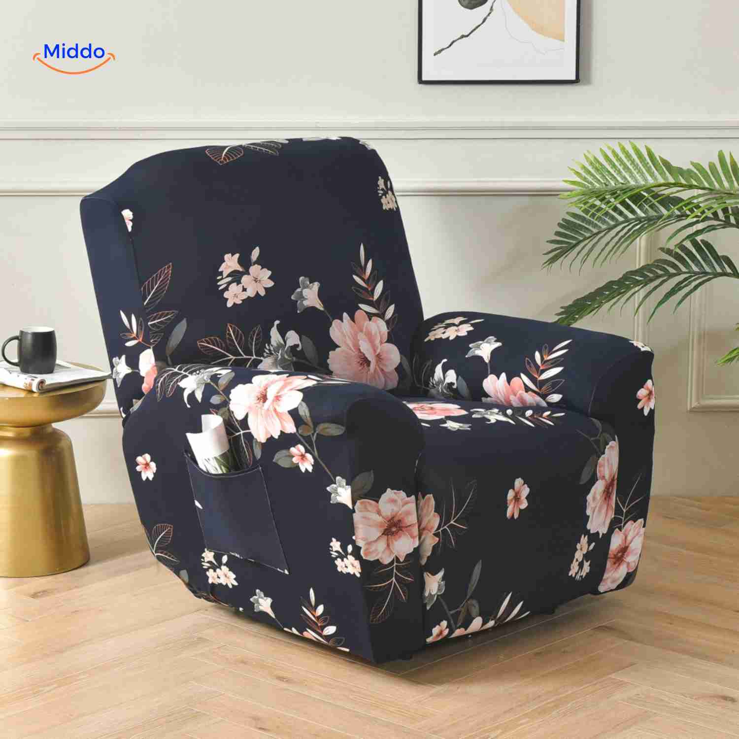reclinex bankbezüge dunkelblau mit Blumenmuster stilvolle Stretchhülle www.middo.nl