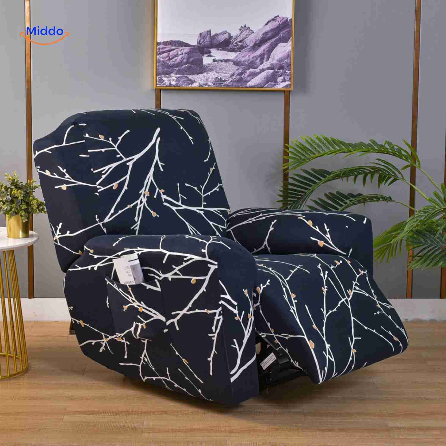 reclinex Bankbezüge dunkelblau mit weißen Zweigen moderne botanische Optik www.middo.nl