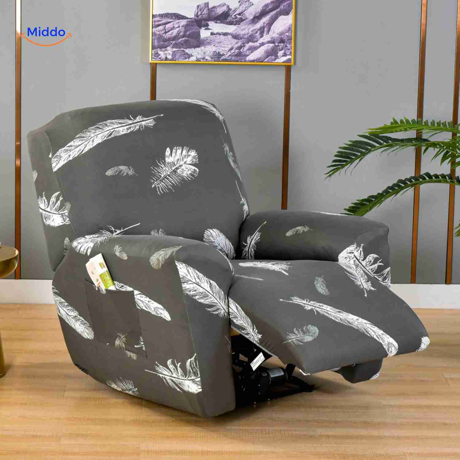 reclinex Bankbezug dunkelgraue Hülle mit weißem Feder-Motiv für Relaxstuhl www.middo.de