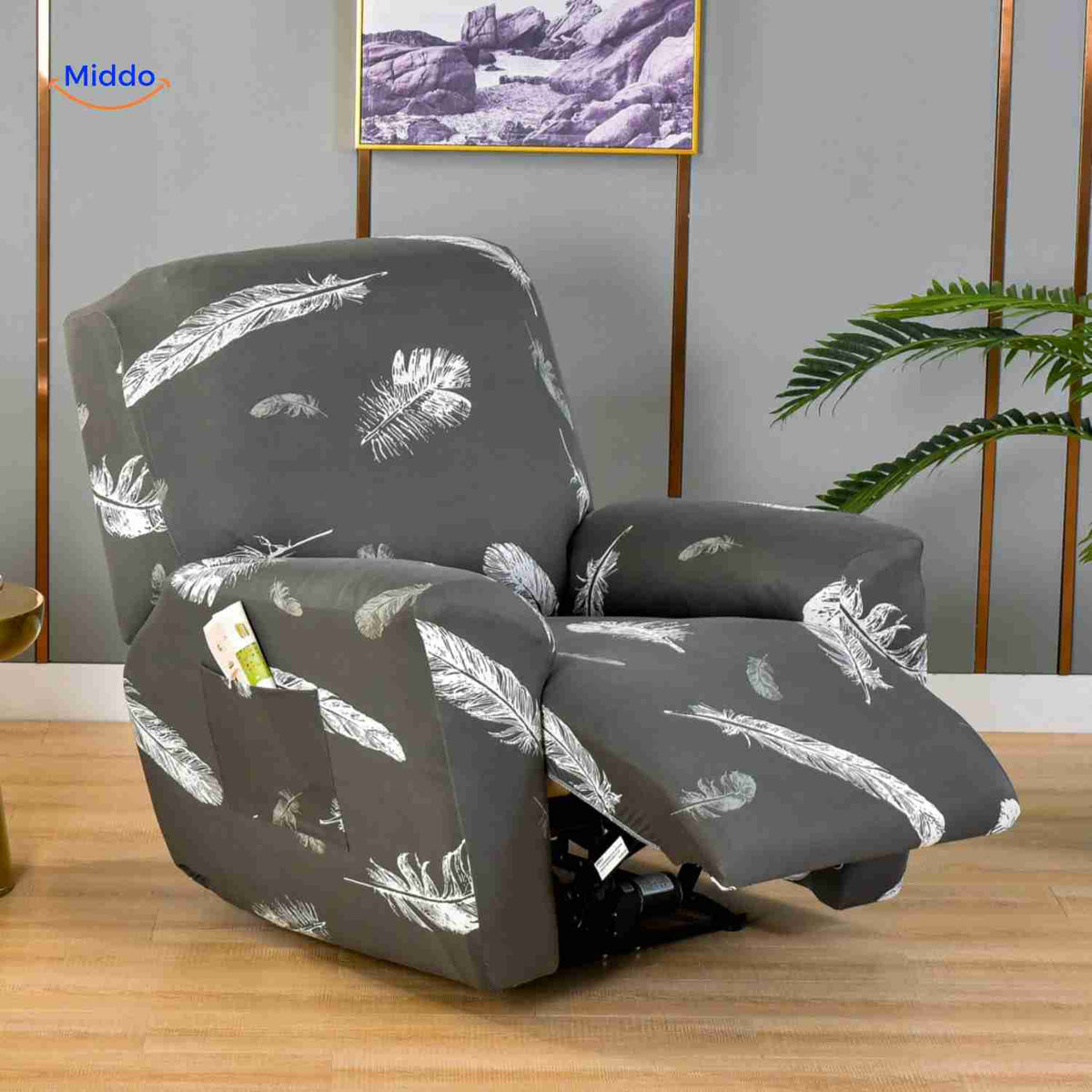 reclinex Bankbezug dunkelgraue Hülle mit weißem Feder-Motiv für Relaxstuhl www.middo.de