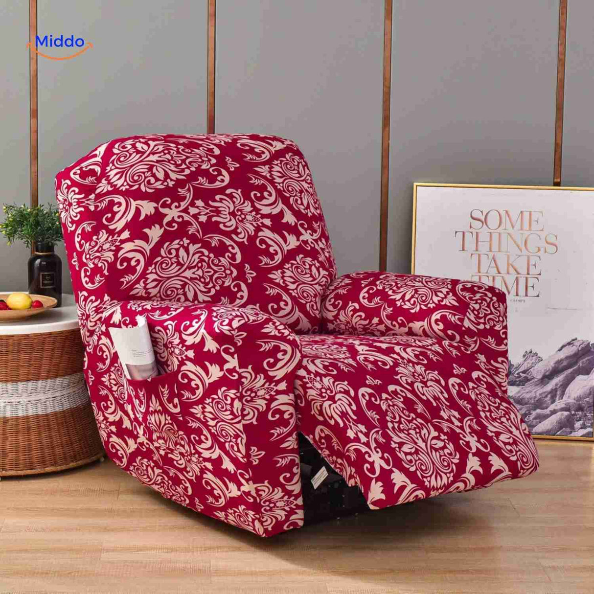 Reclinex Bankbezug rot mit klassischem Barockmuster stilvoller Stretchbezug