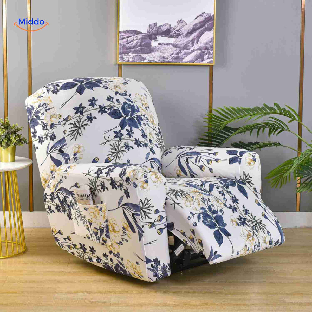 reclinex sofaüberzug weiße hülle mit blau-gelben blumen modern und frisch