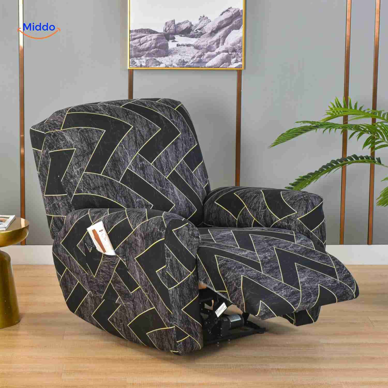 reclinex bankhülsen schwarz mit goldenen Chevron-Streifen Luxus-Stretchhüllen www.middo.de