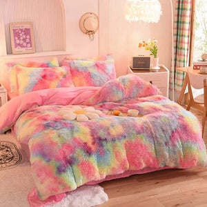 Teddy Fluffy Fleece-Bettwäsche in Regenbogen-Batik