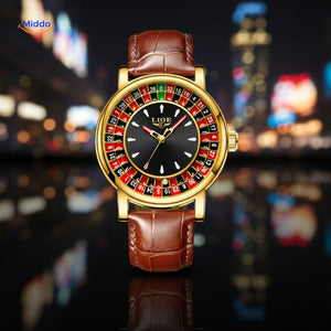 Roulettix Uhr mit goldenem Gehäuse und Lederarmband – www.middo.de