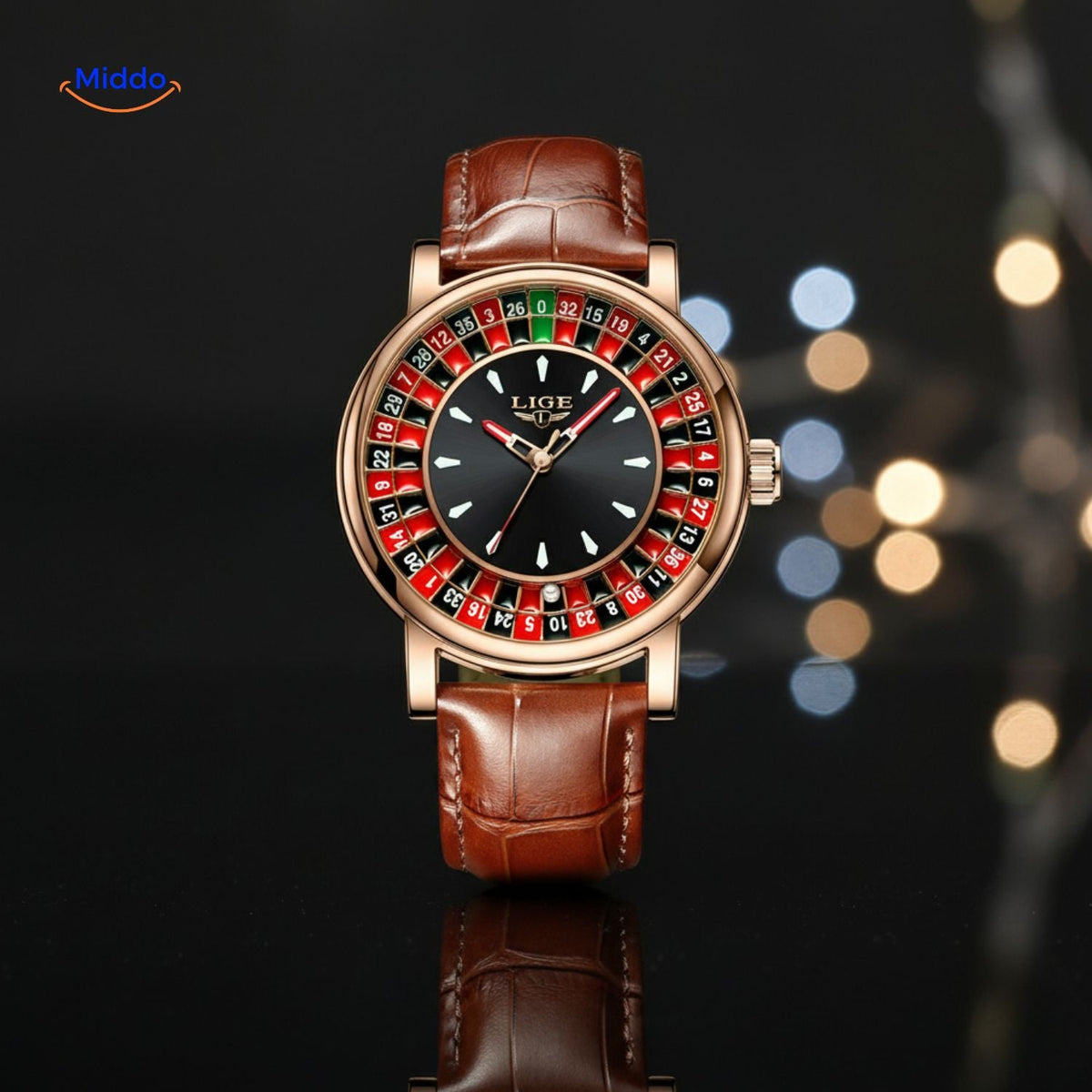 Roulettix Uhr mit roségoldenem Gehäuse und Lederarmband - www.middo.de