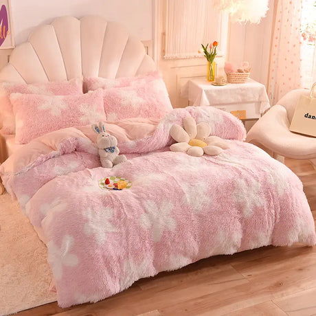 Teddy Fluffy Fleece-Bettwäsche in Rosa-weiße Wolken
