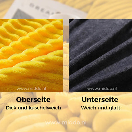 Gelbe kuschelweiche Oberseite und glatte dunkle Unterseite des Samt-Fleece-Bettbezugs.