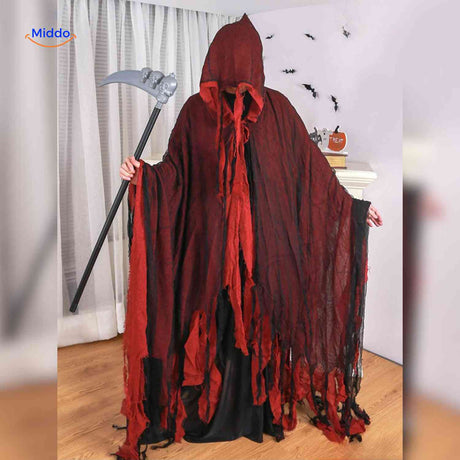 ShadowReap Cape in Rot mit Horrorschaufel – Perfekt für Ihr Halloween-Kostüm! Besuchen Sie www.middo.de