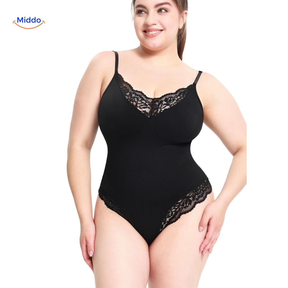 shapelyfit schwarzer Bodysuit mit Spitzendetails und schlanker Linie Middo