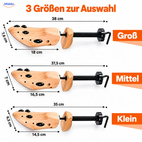 Abmessungen der kleinen, mittleren und großen Schuhdehner.