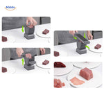 slicora Fleischschneide-Set Schneidprozess mit dünnen Scheiben in Aktion www.middo.nl