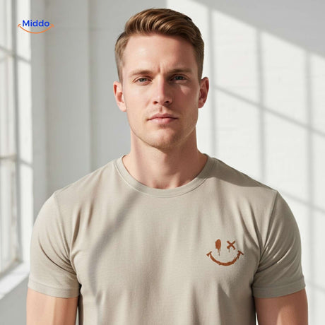 Smiley Wave T-Shirt Beige – Nahaufnahme mit Smiley-Logo | www.middo.de