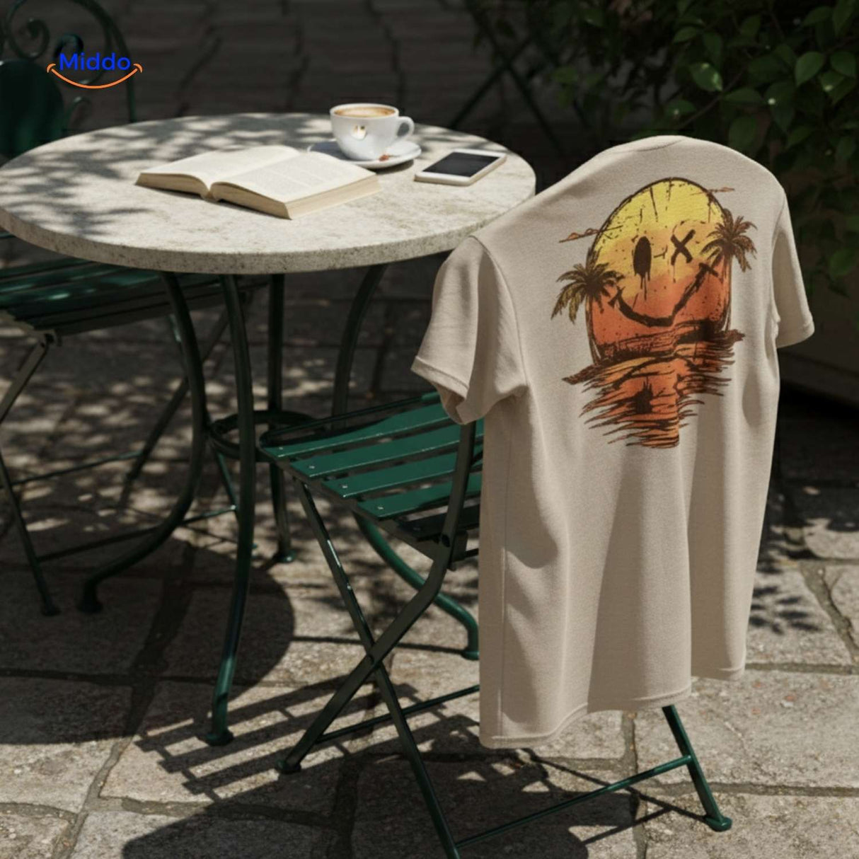 Beige Smileywave T-Shirt mit Smiley-Print im Außenbereich auf dem Stuhl – jetzt entdecken auf !