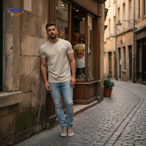 Smileywave T-Shirt für Männer – Lässig an die Wand gelehnt im Streetstyle. Besuche uns auf www.middo.de