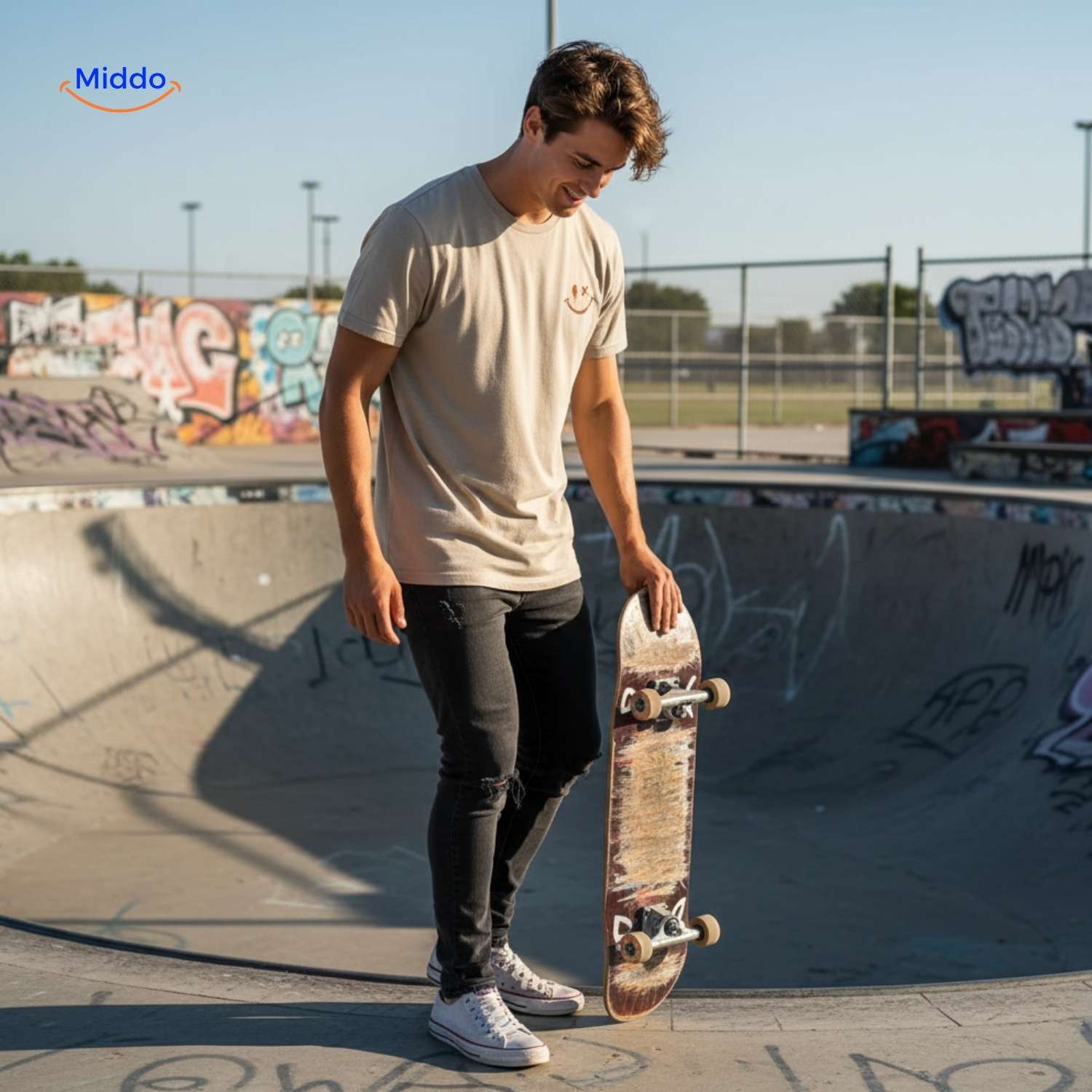 Smileywave T-Shirt für Männer mit Skateboard im Skatepark – www.middo.nl
