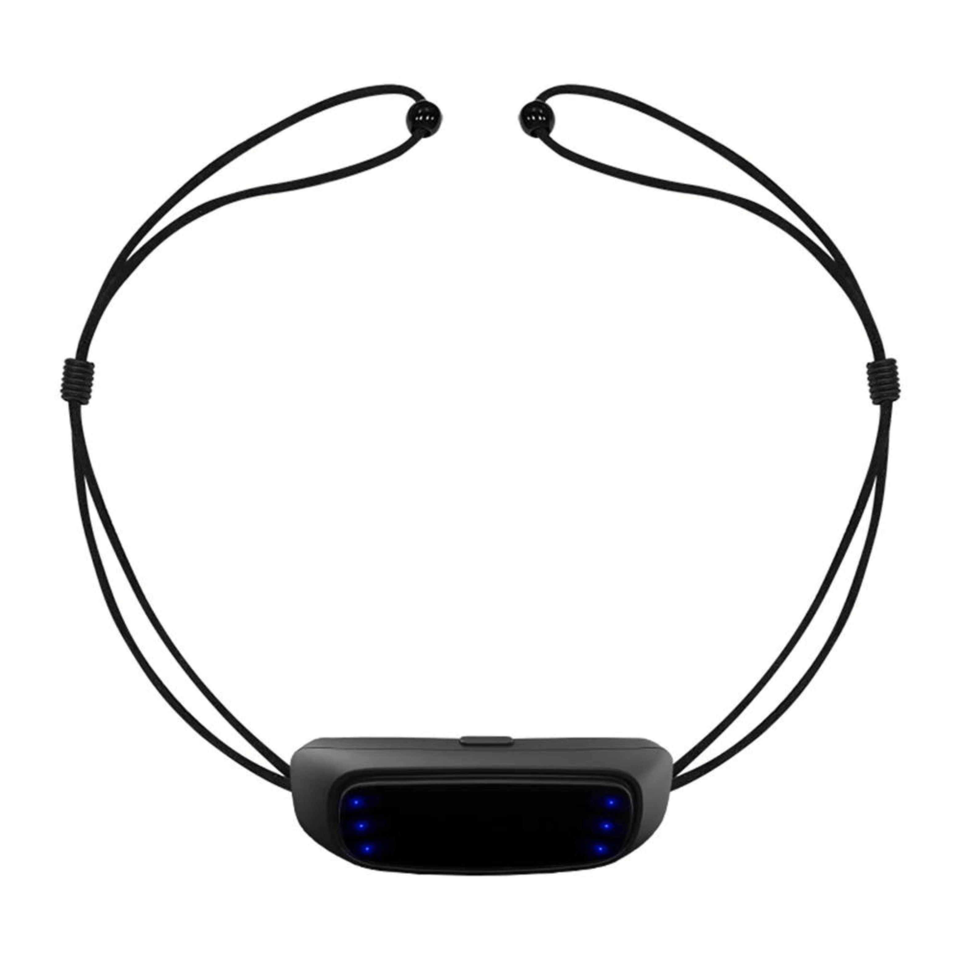 Schwarzes Anti-Schnarch-Halsband mit blauen LED-Lichtern und verstellbaren Schnüren.