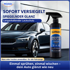 Sopami™ Lackversiegelungsspray neben einem Auto mit spiegelndem Glanz
