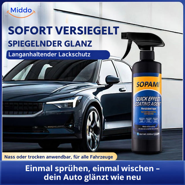 Sopami™ Lackversiegelungsspray neben einem Auto mit spiegelndem Glanz