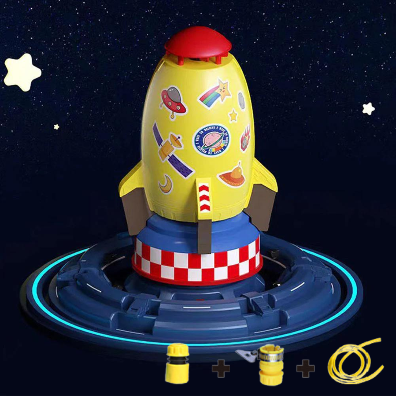 Gelbe SplashRocket auf der Startrampe mit Sternenhintergrund