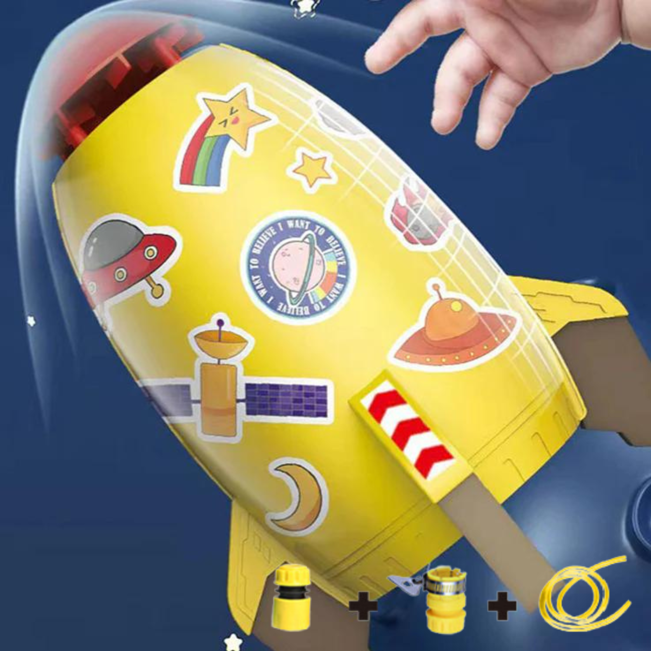 Gelbe SplashRocket mit bunten Stickern