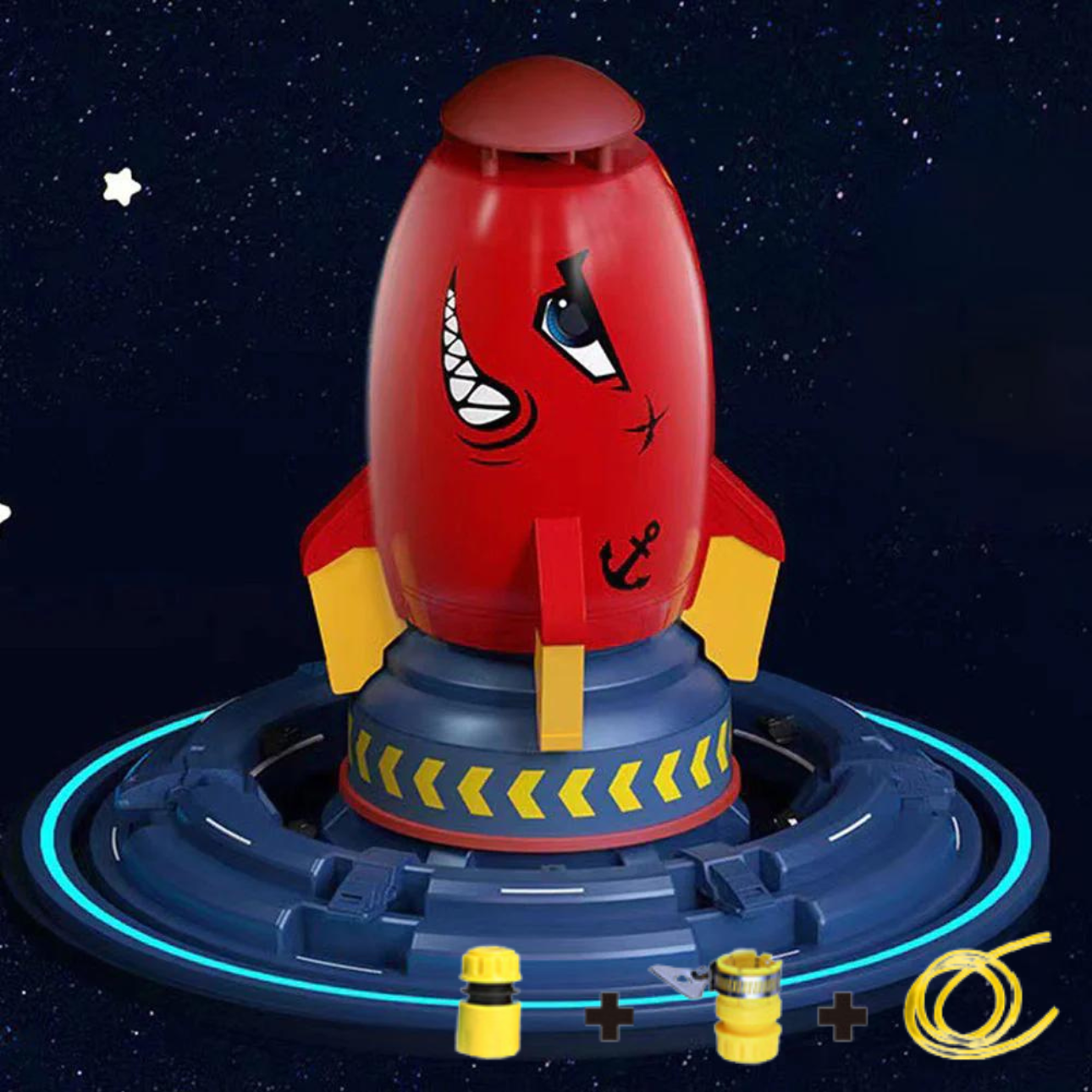 Rote SplashRocket auf Startrampe mit Sternenhimmel
