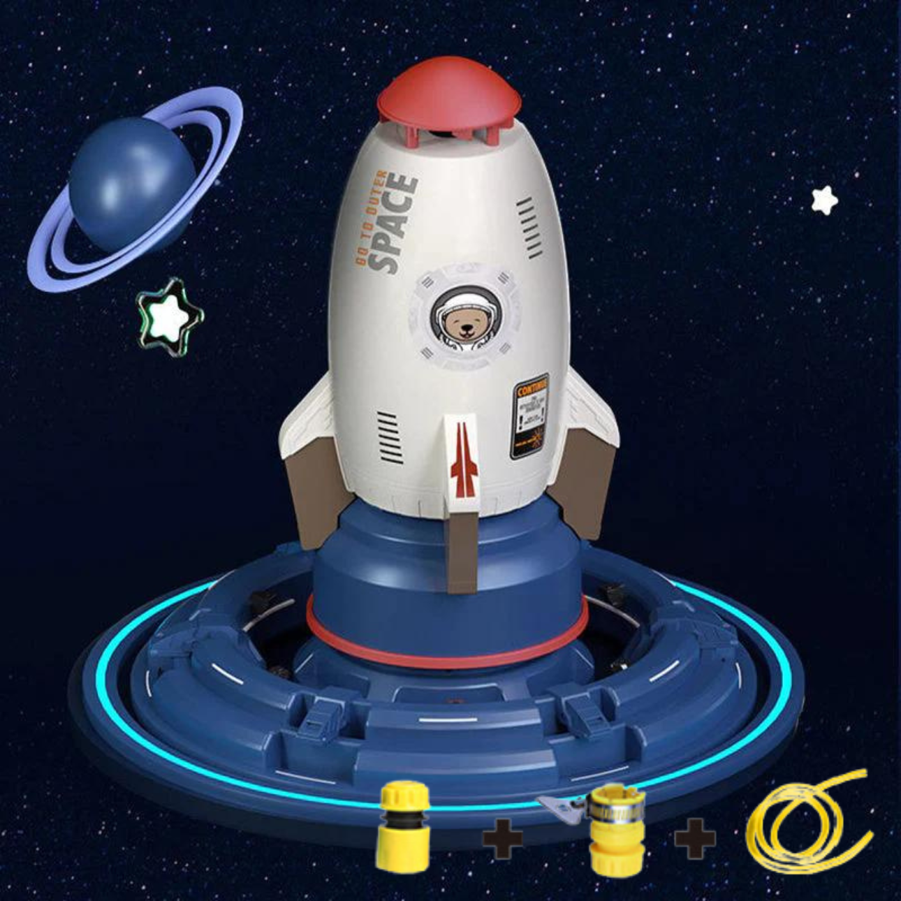 Weiße SplashRocket auf dem Startplatz im Weltraum
