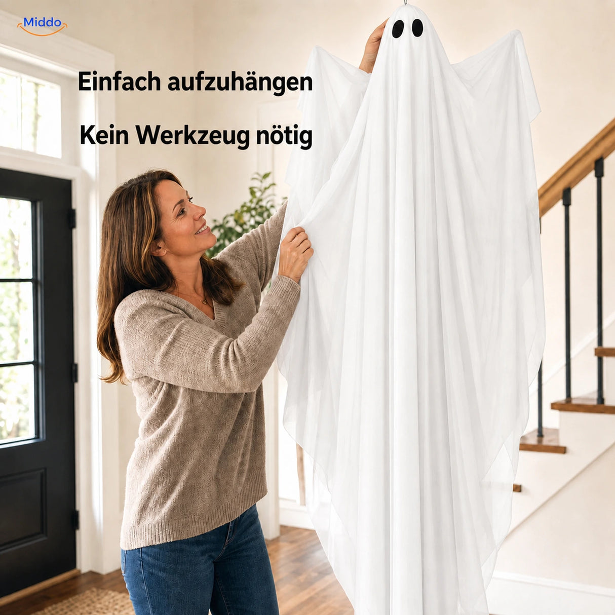 SpookGlow™ ohne Beleuchtung, weißer hängender Geist bei der werkzeuglosen Montage