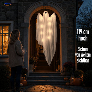 SpookGlow™ mit warmweißer Beleuchtung, ca. 119 cm groß, an einem Hauseingang