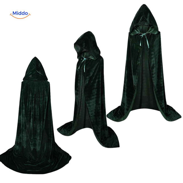 Spookora Cape - Grüner Samtmantel mit Kapuze im langen Stil - www.middo.de