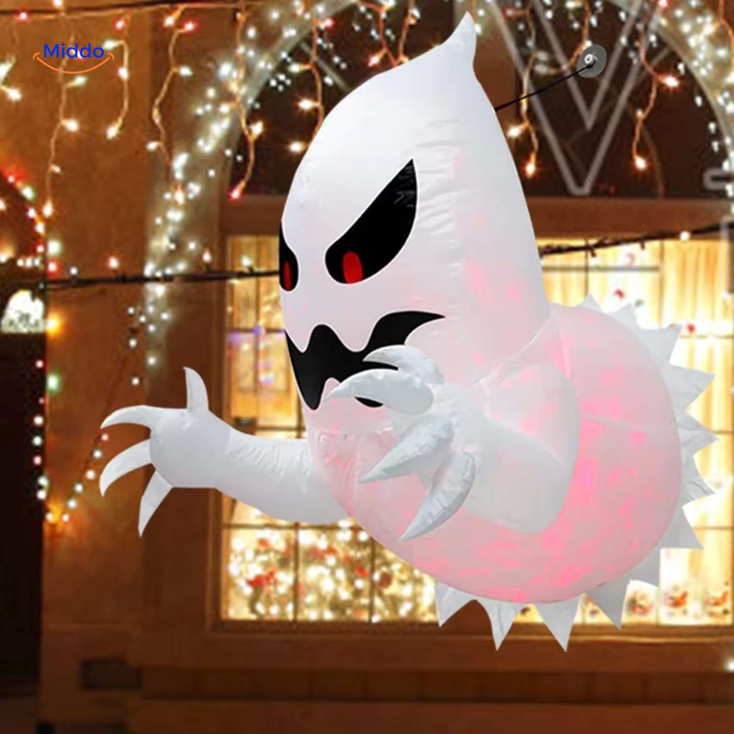 spookyglow ist ein großer aufblasbarer Geist mit leuchtenden Augen, der gruselige Freude zu Halloween auf der rechten Seite hinzufügt.