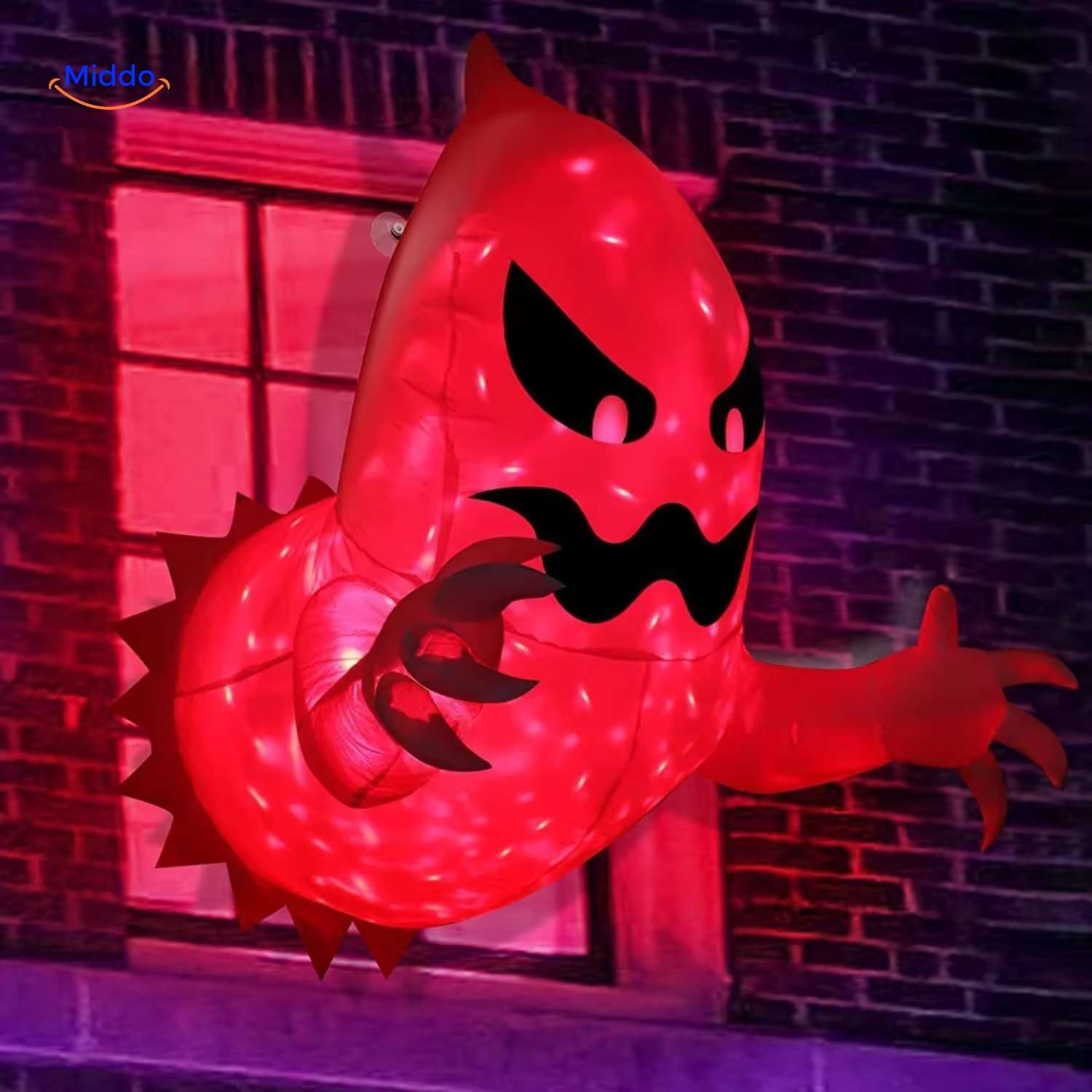 spookyglow ein rot beleuchtetes Monster schaut aus einem Fenster, wodurch auf der linken Seite eine gruselige Atmosphäre entsteht