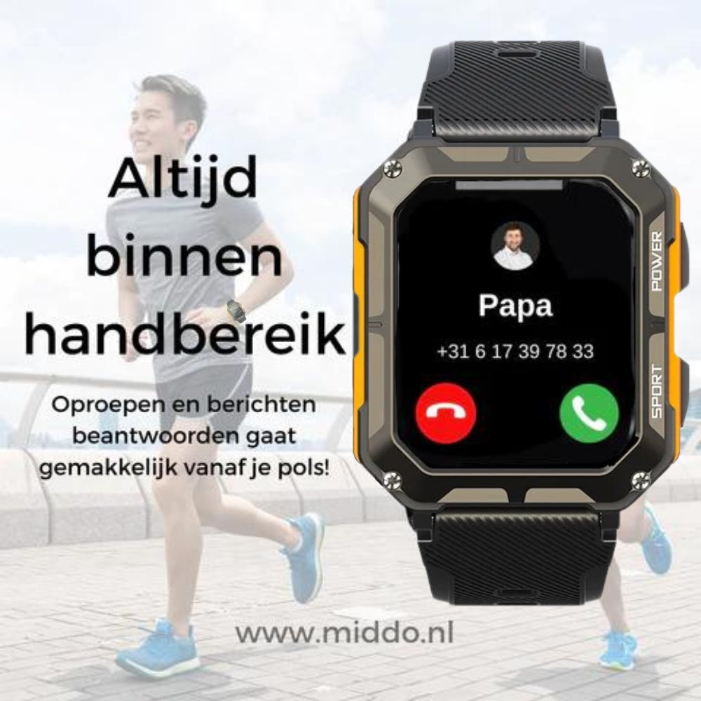 Man beantwortet Anruf mit unverwüstlicher Smartwatch beim Laufen