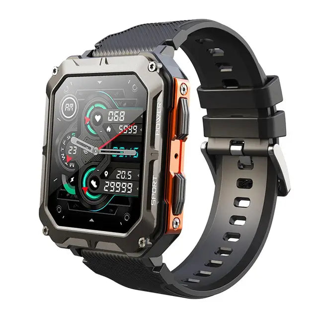 Unverwüstliche Smartwatch mit orangefarbenen Akzenten und sportlichem Design.