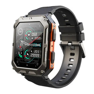 Unverwüstliche Smartwatch mit orangefarbenen Akzenten und sportlichem Design