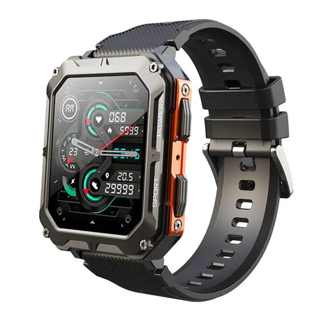 Unverwüstliche Smartwatch mit orangefarbenen Akzenten und sportlichem Design