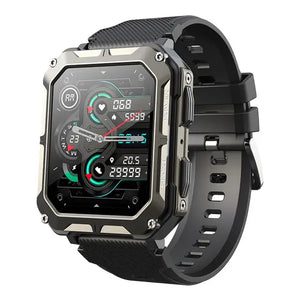 Schwarze unverwüstliche Smartwatch mit robustem Design und funktionalen Eigenschaften