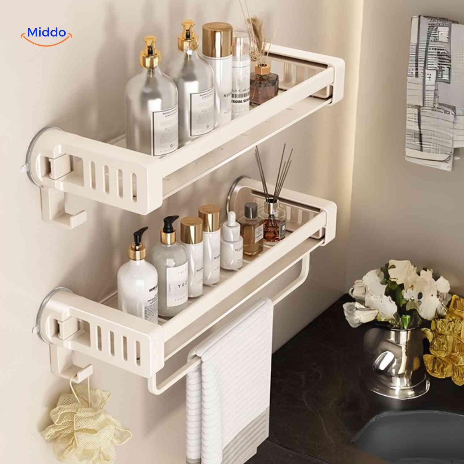 storiva rek zwei-lagiges Creme-Regal mit Pflegeprodukten www.middo.nl