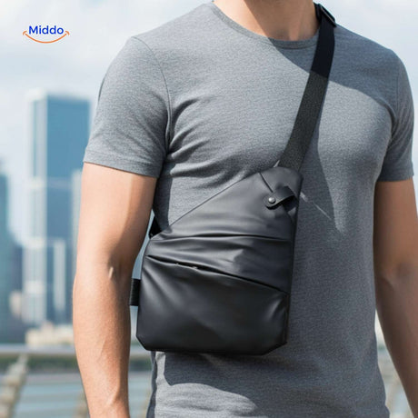 Stratos Umhängetasche Unisex Slingbag Schwarz Grau T-Shirt www.middo.de