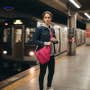 Stratos Umhängetasche für Frauen - Rosa Tasche auf einer Bank am Wasserwww.middo.de