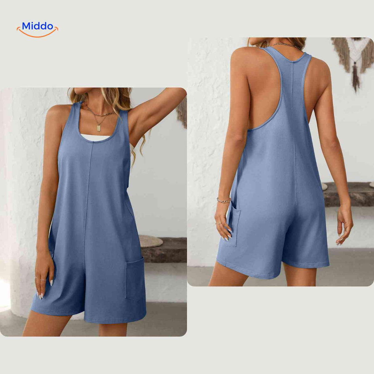 summiva jumpsuit blau Vorder- und Rückansicht luftiger Racerback Romper