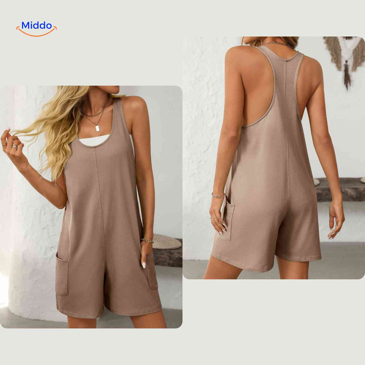 summiva jumpsuit braun lässiger Overall mit rundem Ausschnitt und breiten Trägern