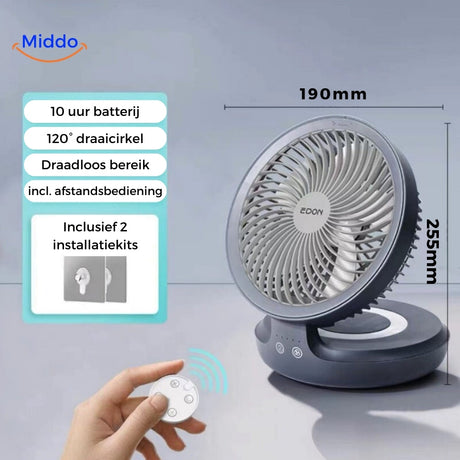 Grauer Ventilator mit Fernbedienung und technischen Spezifikationen