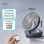 Grauer Ventilator mit Fernbedienung und technischen Spezifikationen.