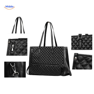 Totezia Tasche schwarz Detailansicht gesteppte Tote mit Accessoires