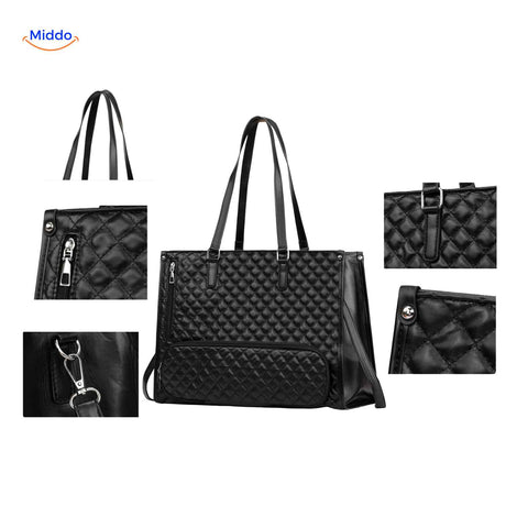 Totezia Tasche schwarz Detailansicht gesteppte Tote mit Accessoires