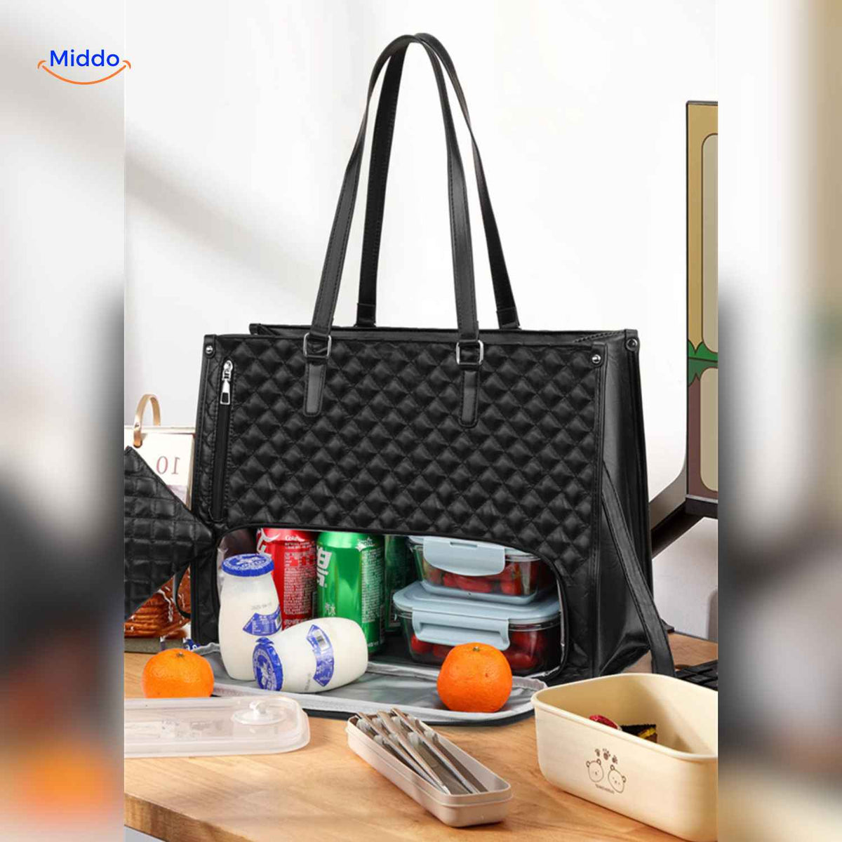 Totezia Tasche schwarz Lunchtasche mit Getränken und Snacks organisiert