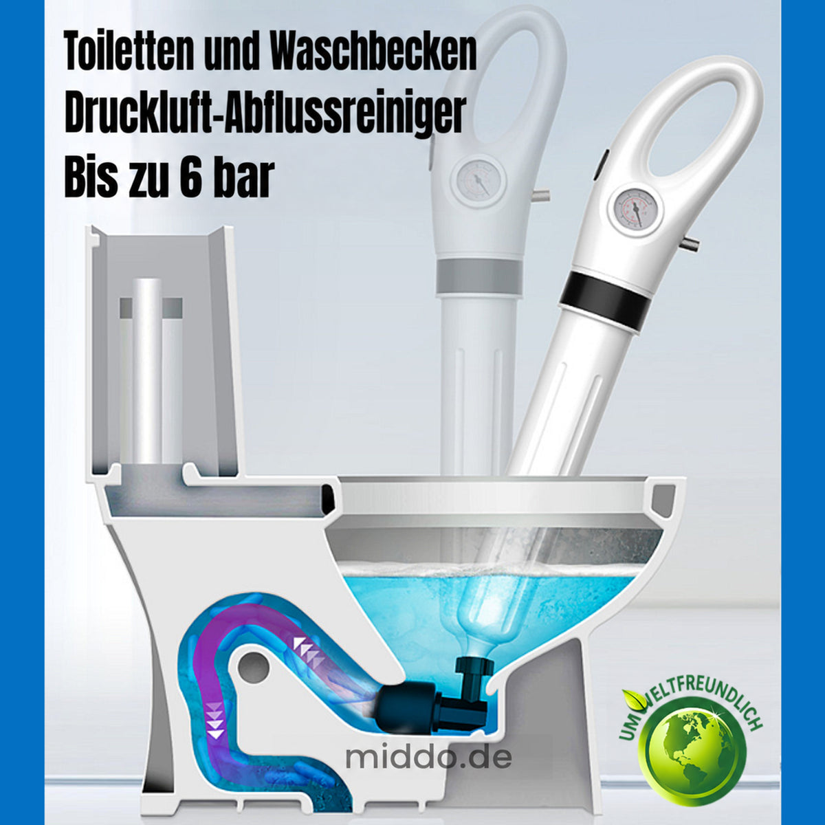 Turbo Druckluft-Abflussreiniger für Toiletten und Waschbecken, bis zu 6 bar.