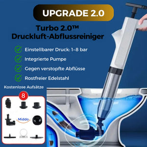 Turbo 2.0 Druckluft-Abflussreiniger mit integrierter Pumpe und Aufsätzen