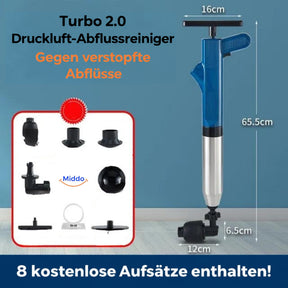 Blauer Turbo 2.0 mit Maßen und acht Aufsätzen